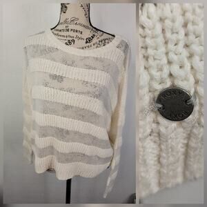 Roxy Boxy Open Knit Sweatshirt Top Sz Small Ivory Sheer Striped Beachy Boho